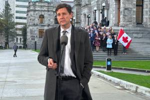 B.C. Premier David Eby speaks outside of the B.C. legislature Thursday, Nov. 27, 2025 following Prime Minister Mark Carney and Alberta Premier Danielle Smith signing a memorandum of understanding earlier in the day to prioritize new pipeline to B.C.’s coast. (Mark Page/Black Press Media)